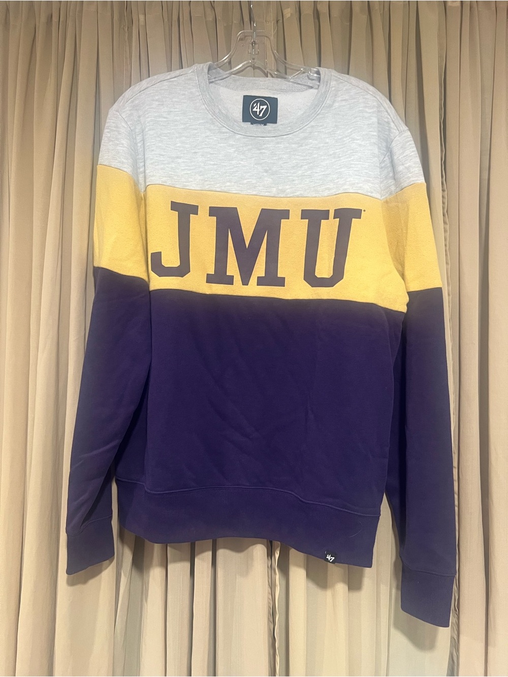 47 JMU Colorblock Crewneck Sweatshirt - Gray/Gold/Purple size M